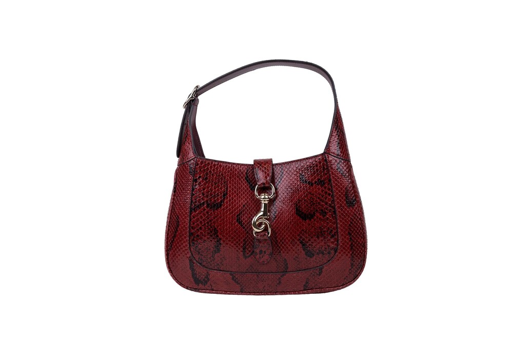 Gucci Red Black Watersnake Handbag Gold Hardware